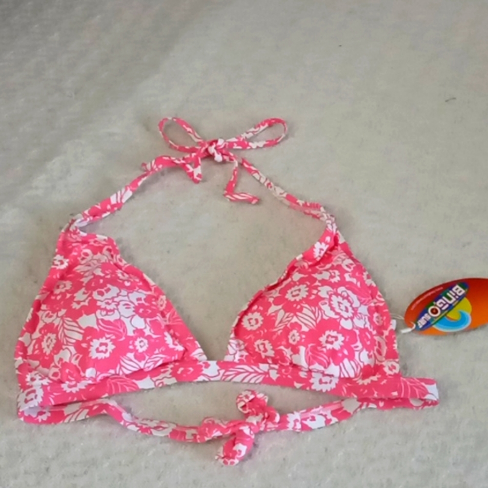 NWT Bingo Surf Pink White Halter Triangle Bikini Swim Top L
